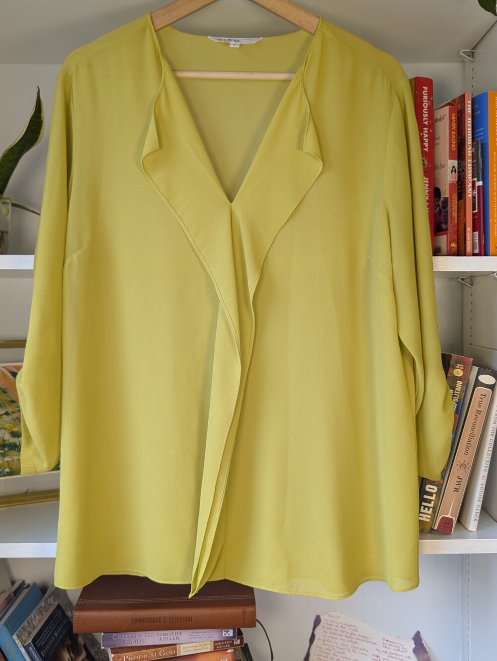 cleo Green Chartreuse Draped V-Neck Blouse Green Size Large Office Chic Flowy